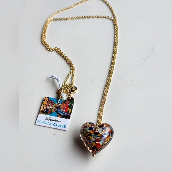 Murano Glass Blown Artsy Puffy Heart Necklace Dyadema Venetian Glass Gold Foil - Picture 2 of 5
